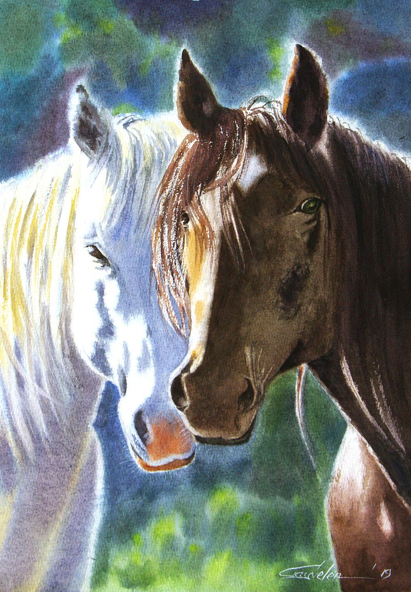 Horses painting Original watercolor  wall art  最新