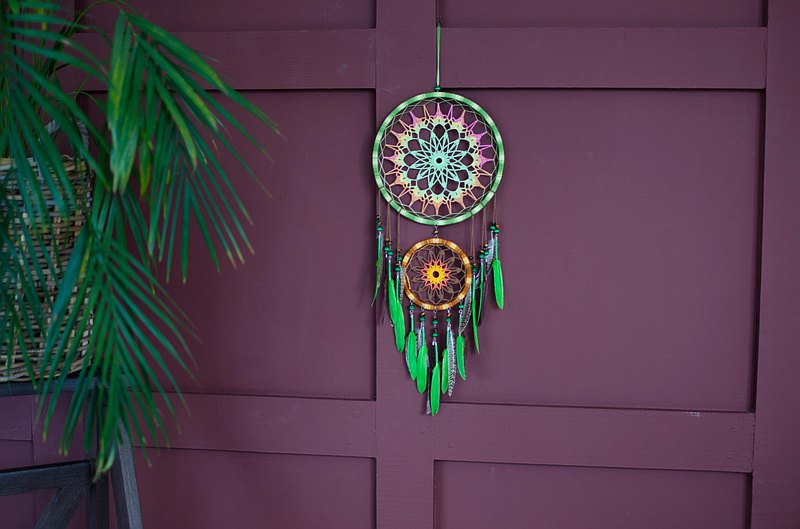 Large Green Boho Mandala dream catcher Crochet doily wall decor Bohemian bedroom  最新