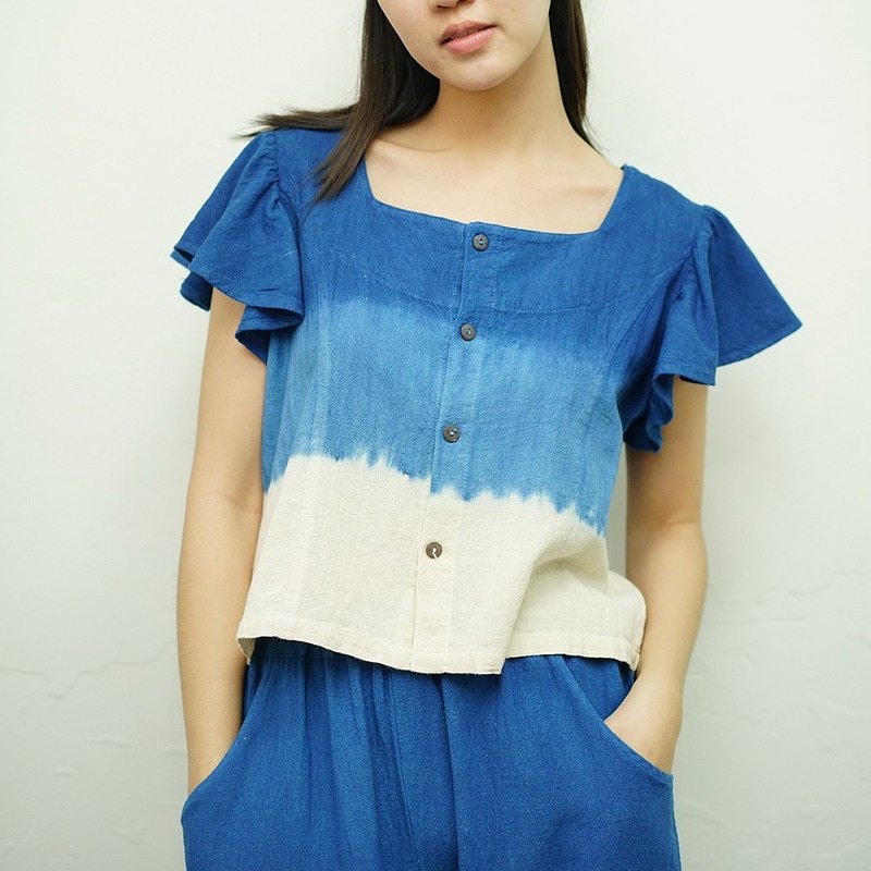 Square Neck Ruffle Sleeves Indigo Dyed Blouse  最新