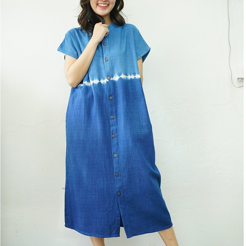 Mandarin Collar White Line Indigo Dress  最新